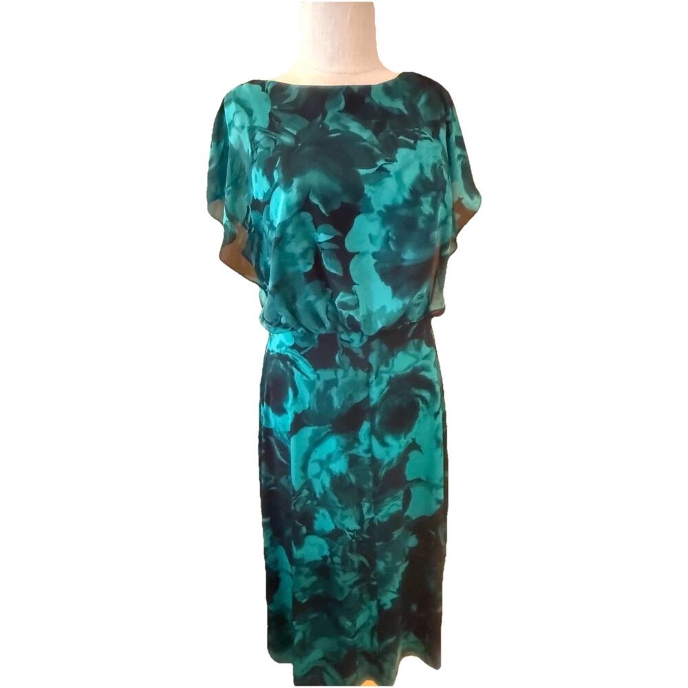 Connected Apparel Cocktail Sheath Dress Womens Size 12 Green Floral Cape Overlay - Picture 2 of 7